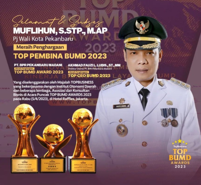 Pj Wali Kota Pekanbaru Terima Penghargaan TOP Pembina BUMD 2023