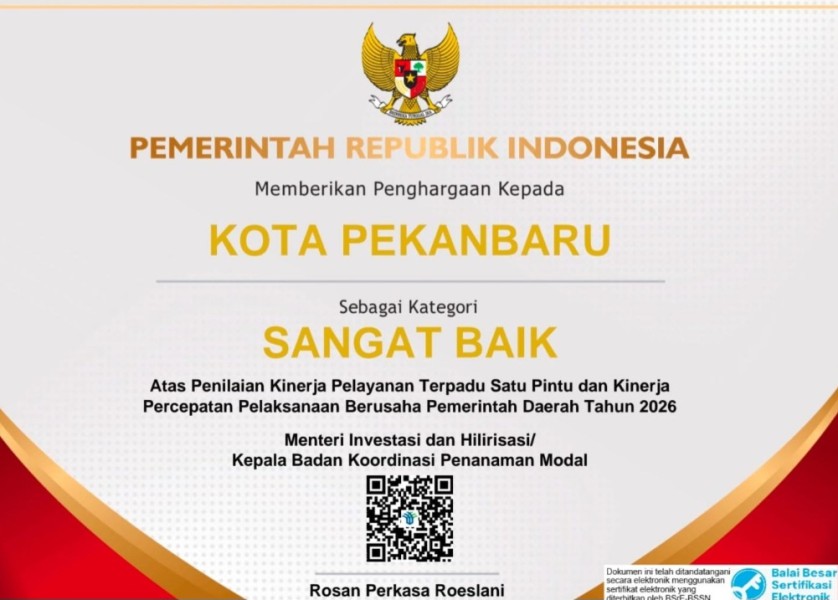 Perkuat Layanan Perizinan, Pemko Pekanbaru Raih Predikat Sangat Baik