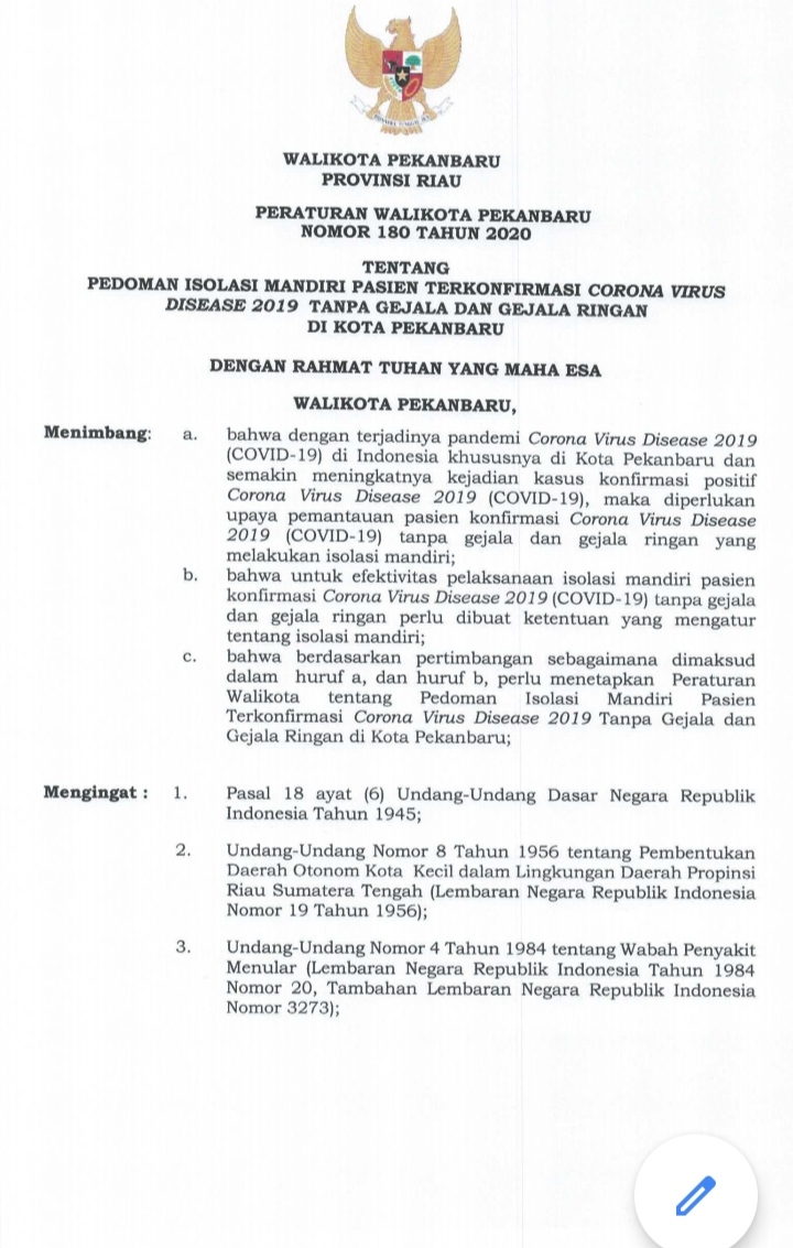 Berikut Perwako 180 Pedoman Isolasi Mandiri OTG Covid-19